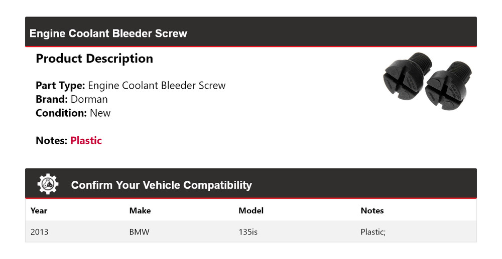 For 2013 BMW 135is Dorman Engine Coolant Bleeder Screw