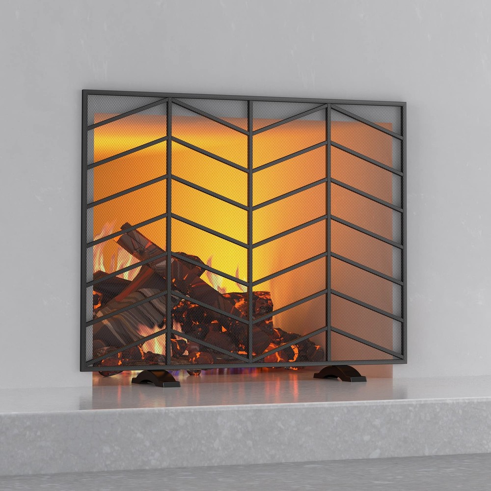 Single Panel Handcrafted Wrought Iron Mesh Chevron Fireplace Screen, Fire Spa...