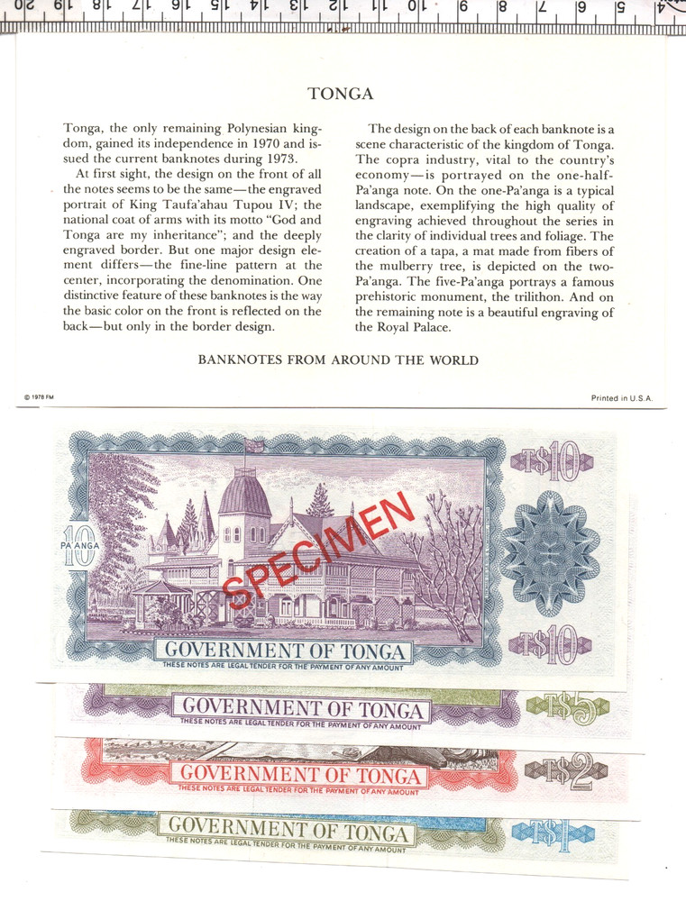 1978 TONGA 4 NOTE SPECIMAN SET BANKNOTES FROM AROUND THE WORLD (MS-164)