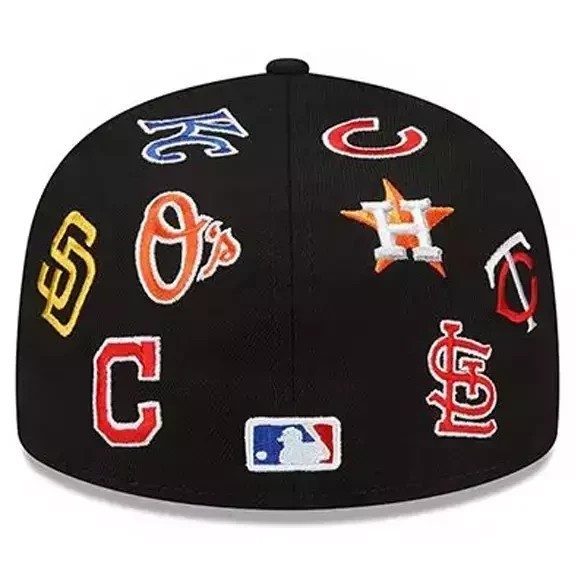 MLB Teams Patch Logos All-Over Black/White 59FlFTY Fitted Cap-5950 Hat