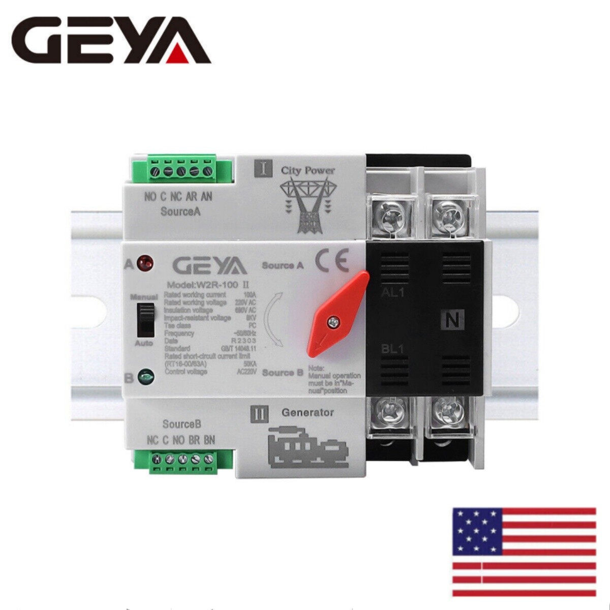 GEYA 2P 100A 220V Dual Power Automatic Transfer Switch Grid to Alternator50/60Hz