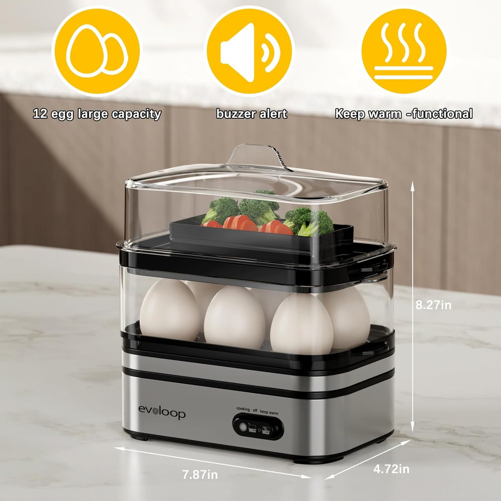 Evoloop Rapid Egg Cooker Electric 12 Eggs Capacity, Soft, Medium, Hard Boiled, P