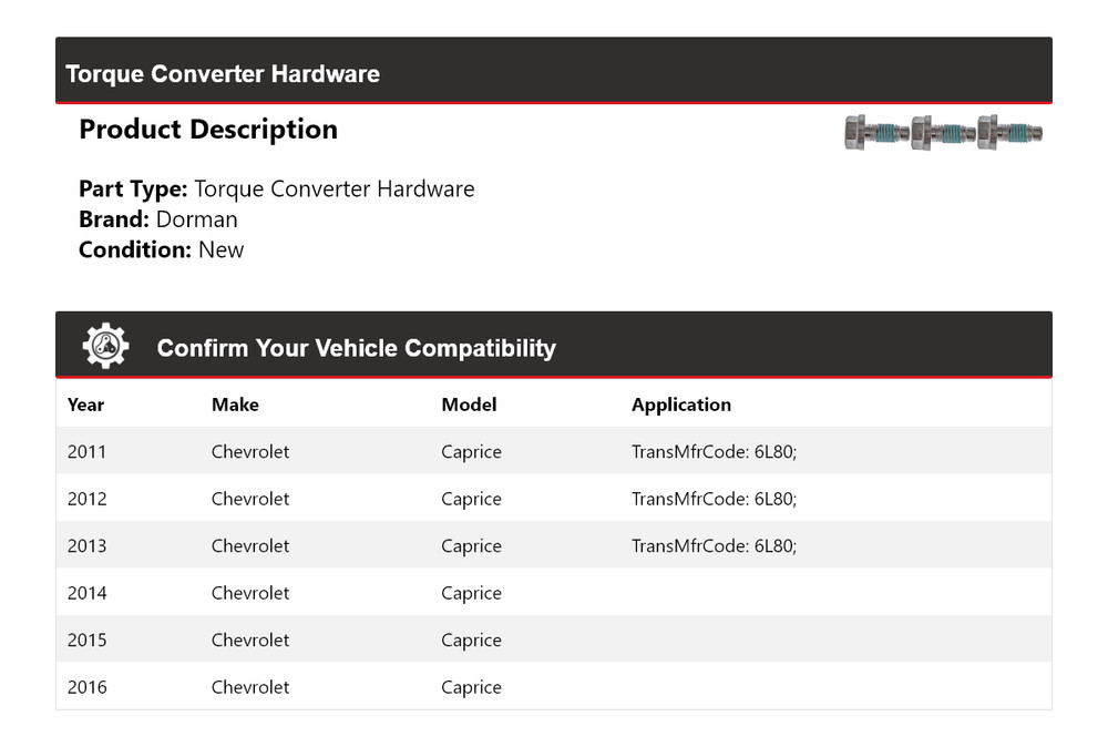 For 2011-2016 Chevrolet Caprice Dorman Torque Converter Hardware 2012 2013 2014
