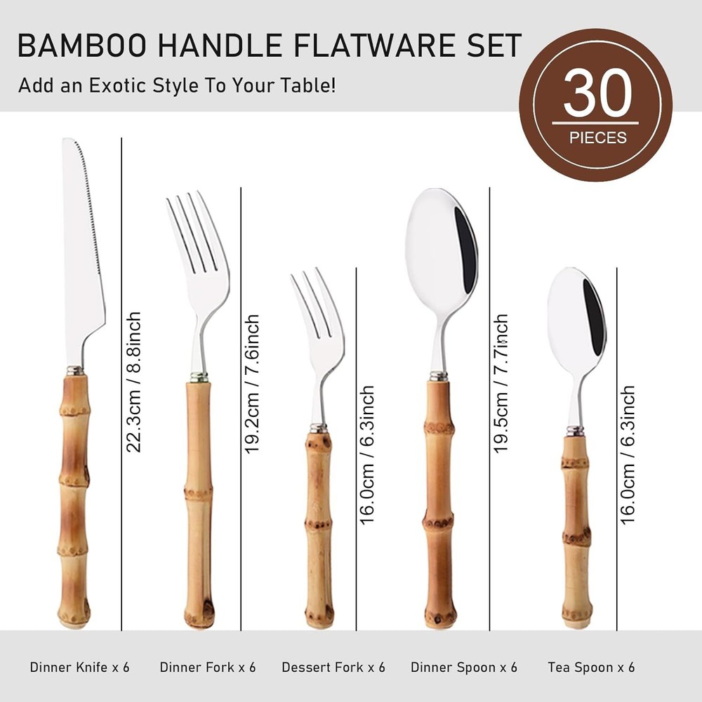 Bamboo Handle Silverware Set 30 Pcs Set for 6 Stainless Steel Flatware Set