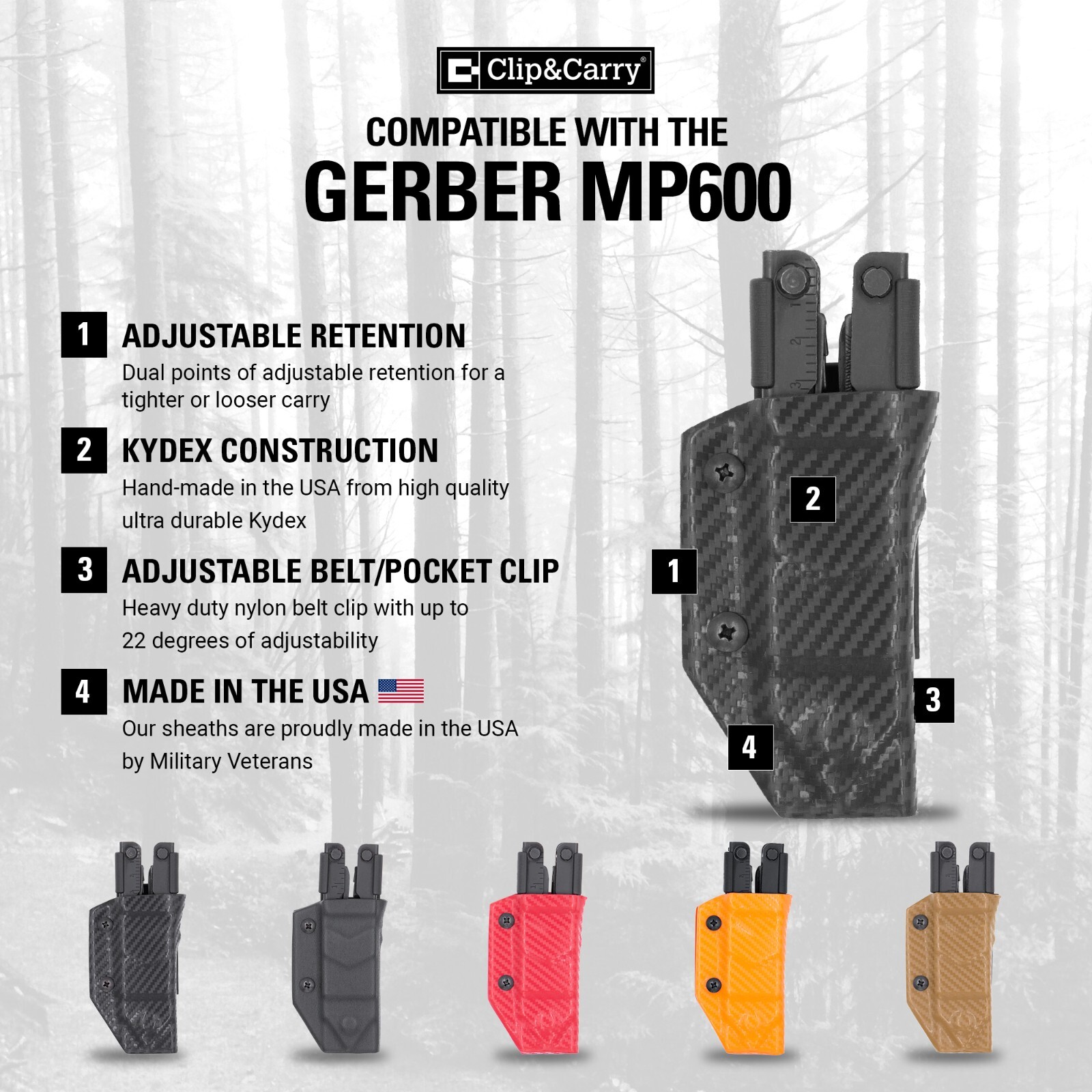 Clip & Carry Kydex Multitool Sheath - For the Gerber MP600 - USA Made