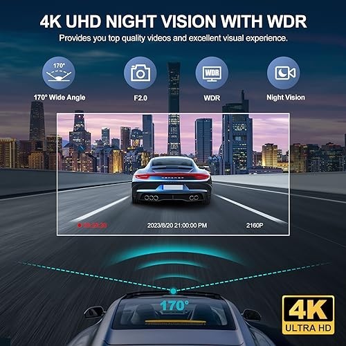4K Dash Cam Front & Rear, 64GB Card, Motion Detection, Night Vision, Loop Record