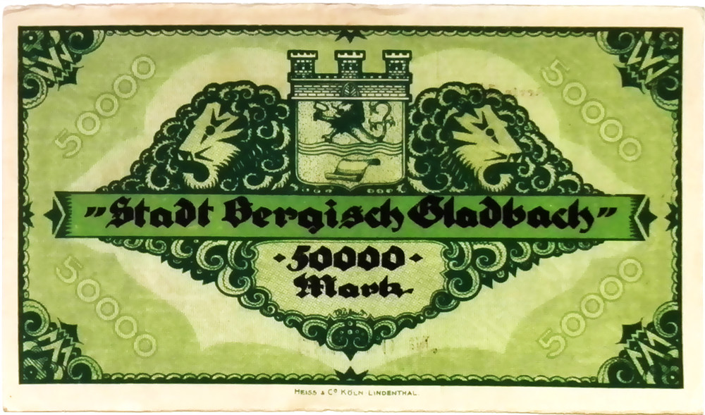 1923 Germany GLADBACH 50.000 Mark Banknote