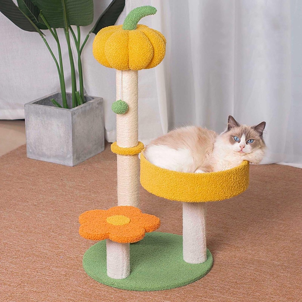 Cat Scratching Post, MODUSKYE Cat Tree Tower Yellow Pumpkin Orange Flower Cat...