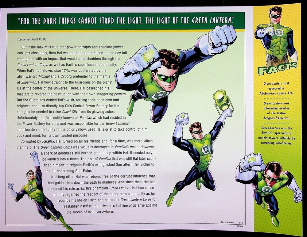 GREEN LANTERN PATCH on INFO CARD ~ Willabee & Ward ~ DC COMICS PATCH COLLECTION