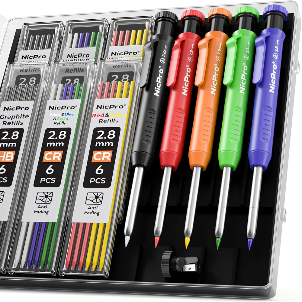 5 Pack Carpenter Pencil with Sharpener, Mechanical Pencils Set with 41 Refills (