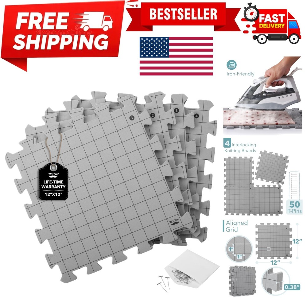 Interlocking Blocking Mats: 12”x12” for Knitting & Crochet - 4 Pack with T-Pins