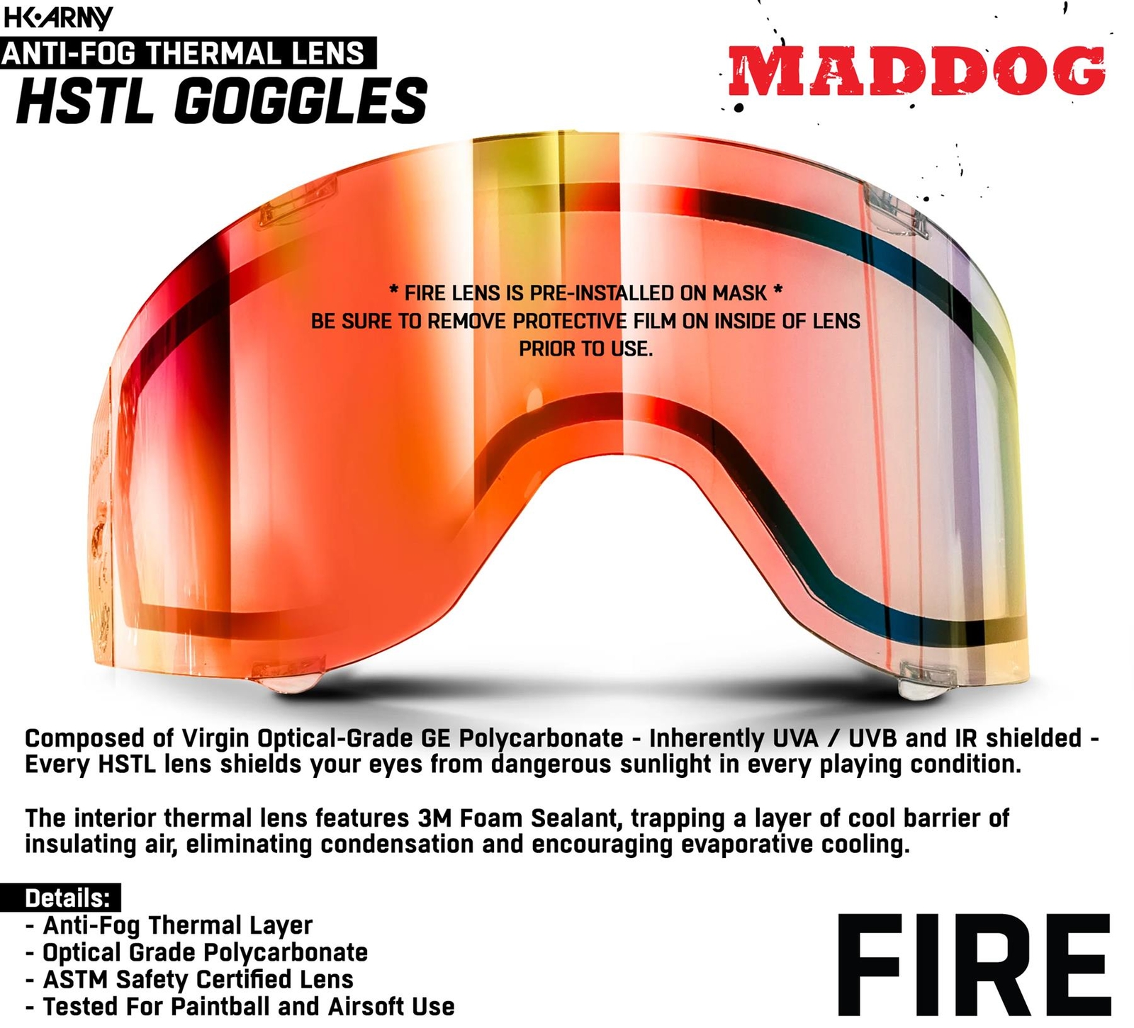 Maddog HK Army HSTL Paintball Mask Airsoft Goggle w/ Thermal Anti-Fog FIRE Lens