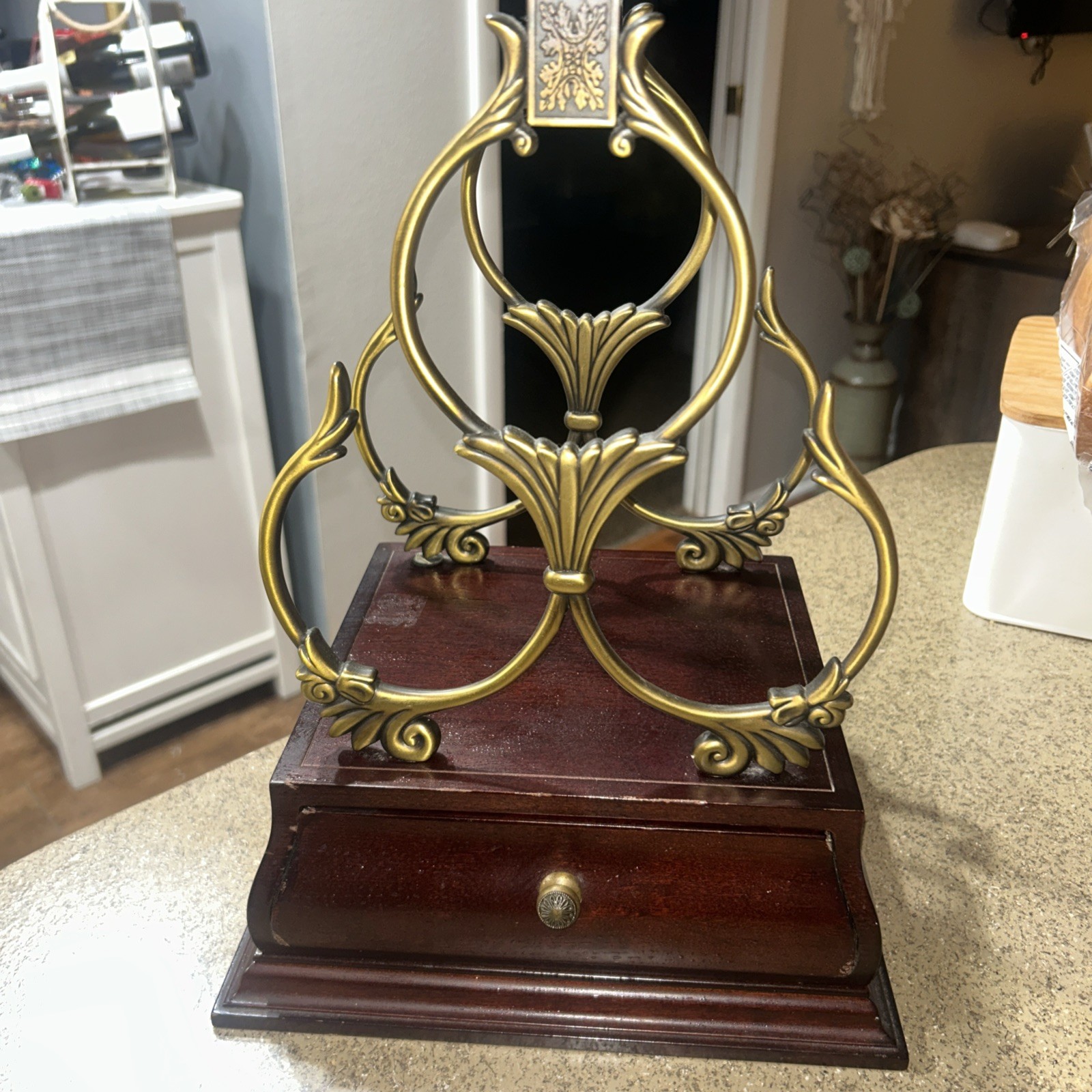 The Bombay Company 3 Wine Bottle Rack Holder Cherry Wood & Brass