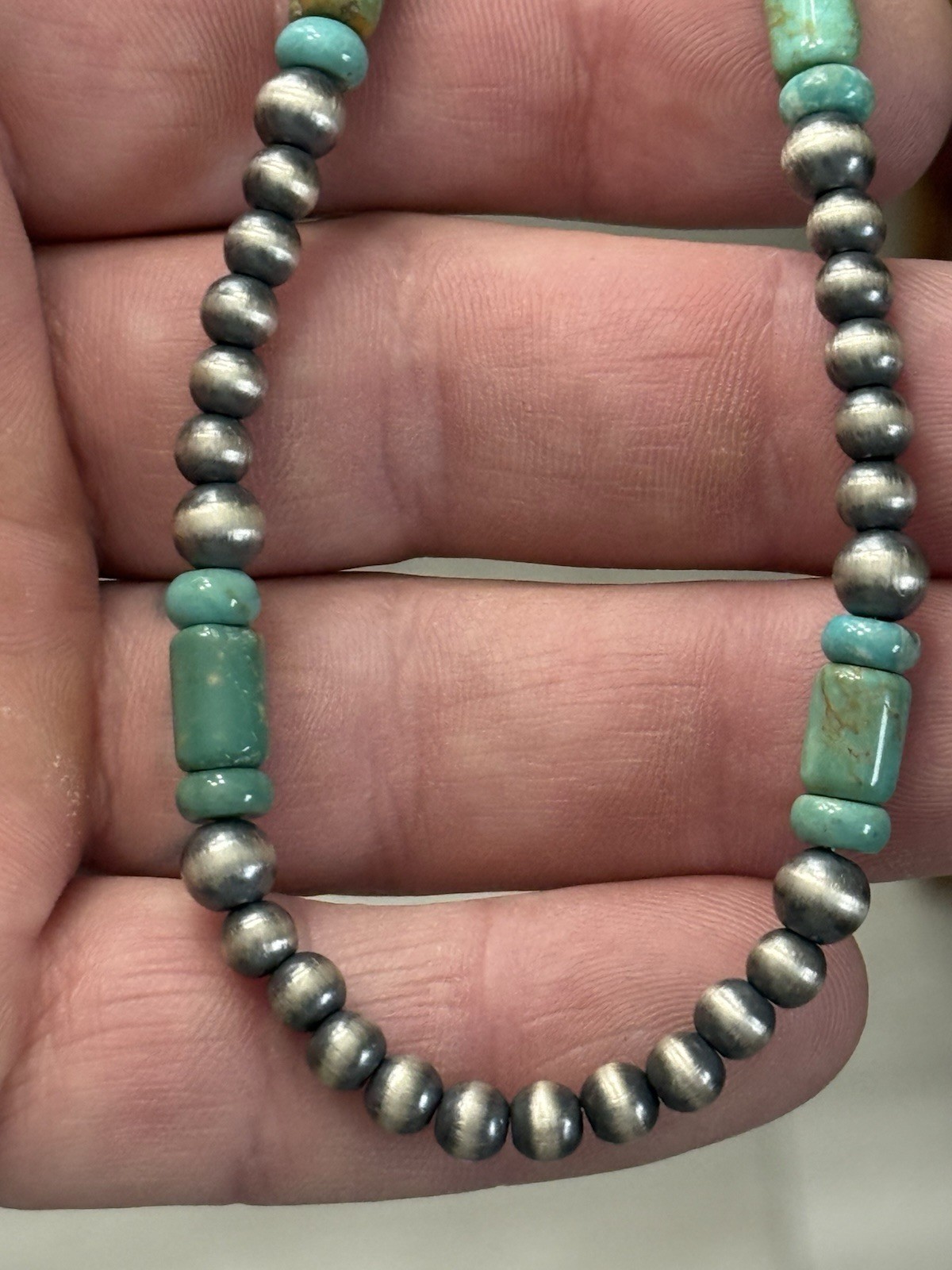 STERLING SILVER 5mm NAVAJO PEARL TURQUOISE CYLINDER BEADS BEADED NECKLACE .925