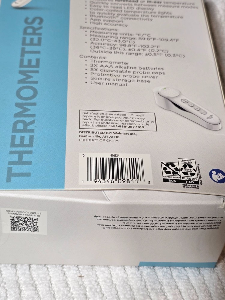 Equate Bluetooth Dual-Function Infrared Thermometer, Forehead and Ear Mode