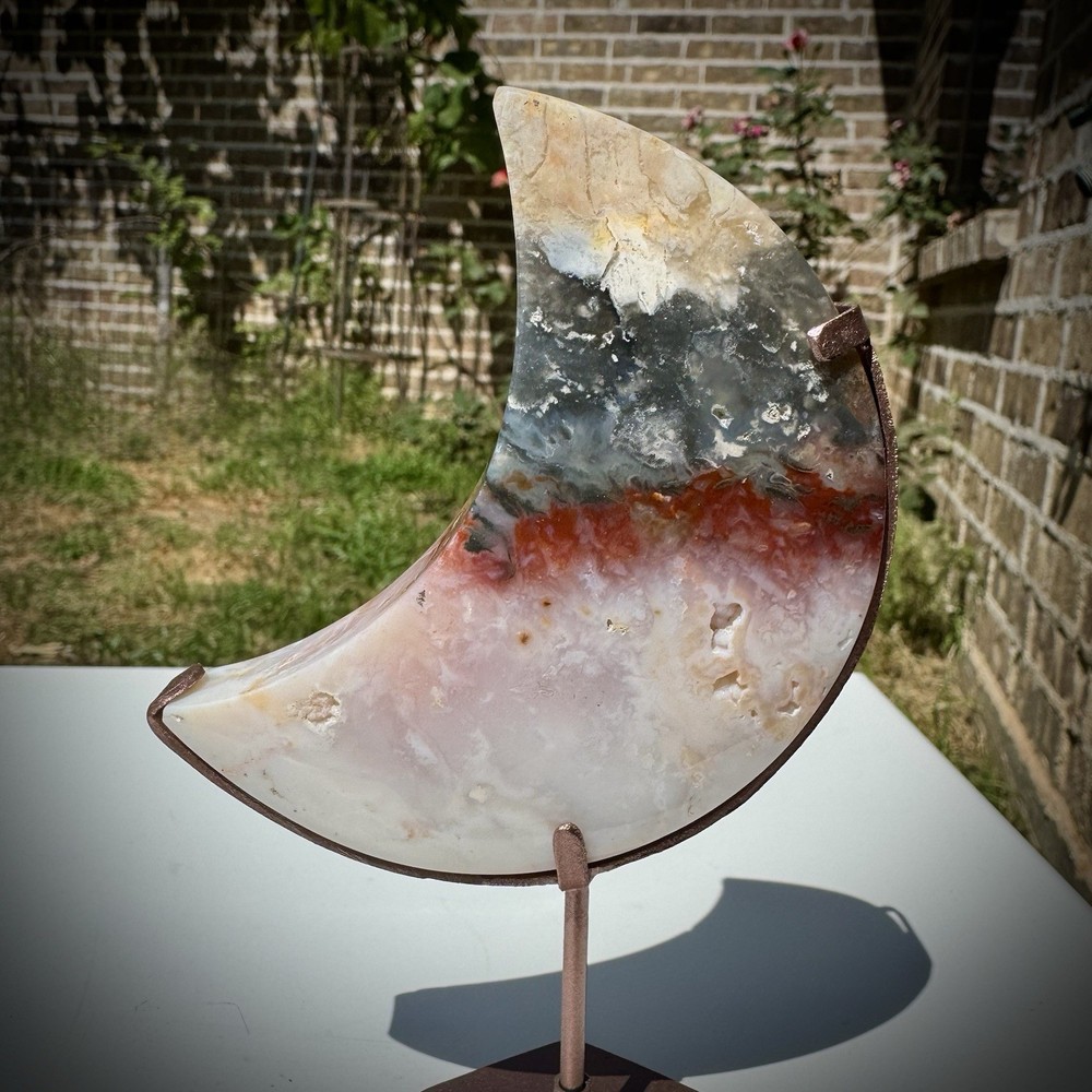 Rainbow Plume Agate Moon Crystal Carving on Stand 6”