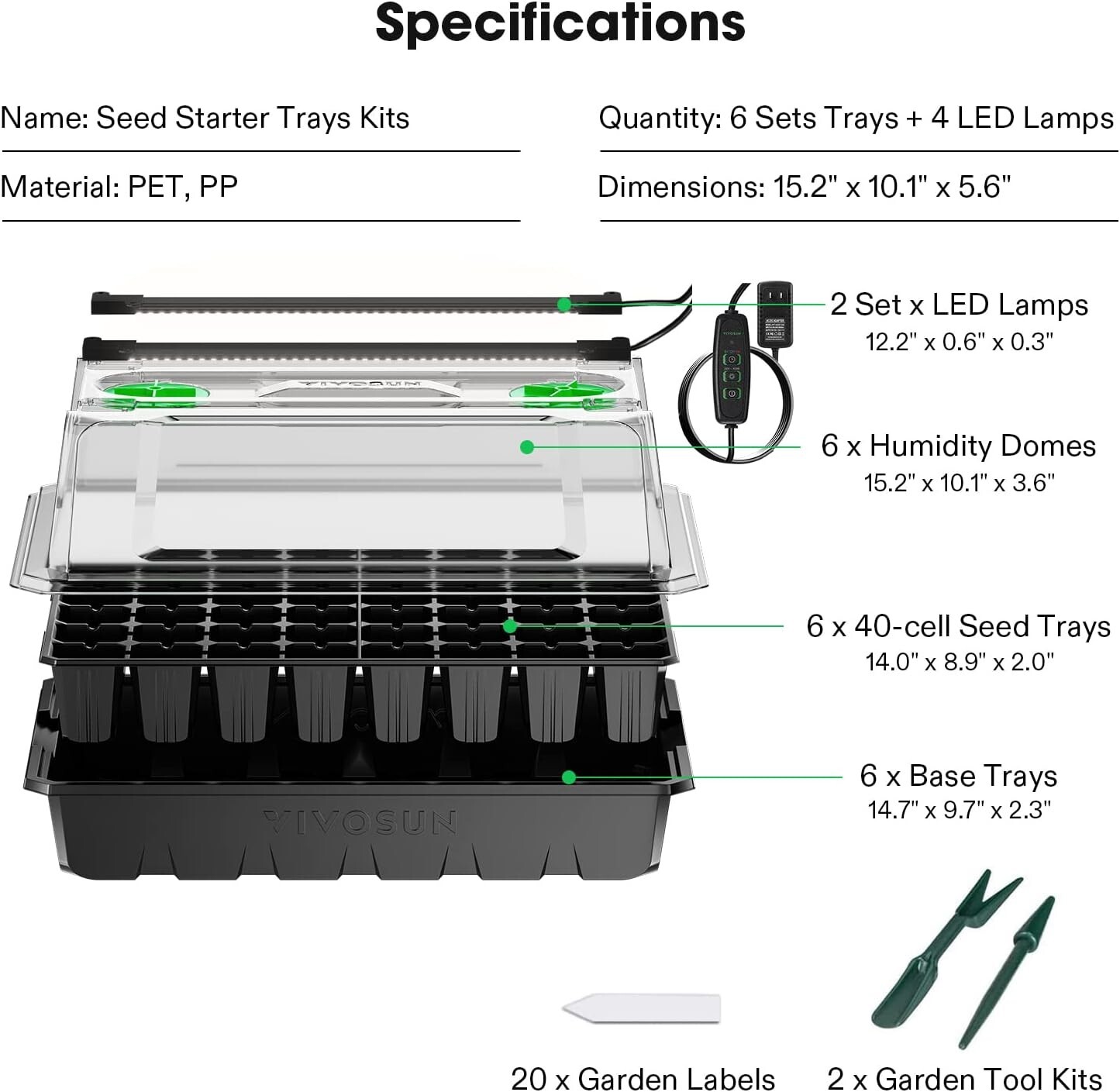 VIVOSUN 6-Pack Seed Starter Trays, 240-Cell Seed Starter Kit w/2 pcs LED Lights