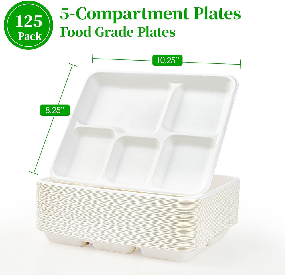 100% Compostable 5 Compartment Plates, 125 Pack Disposable Paper Plates, Heavy-D