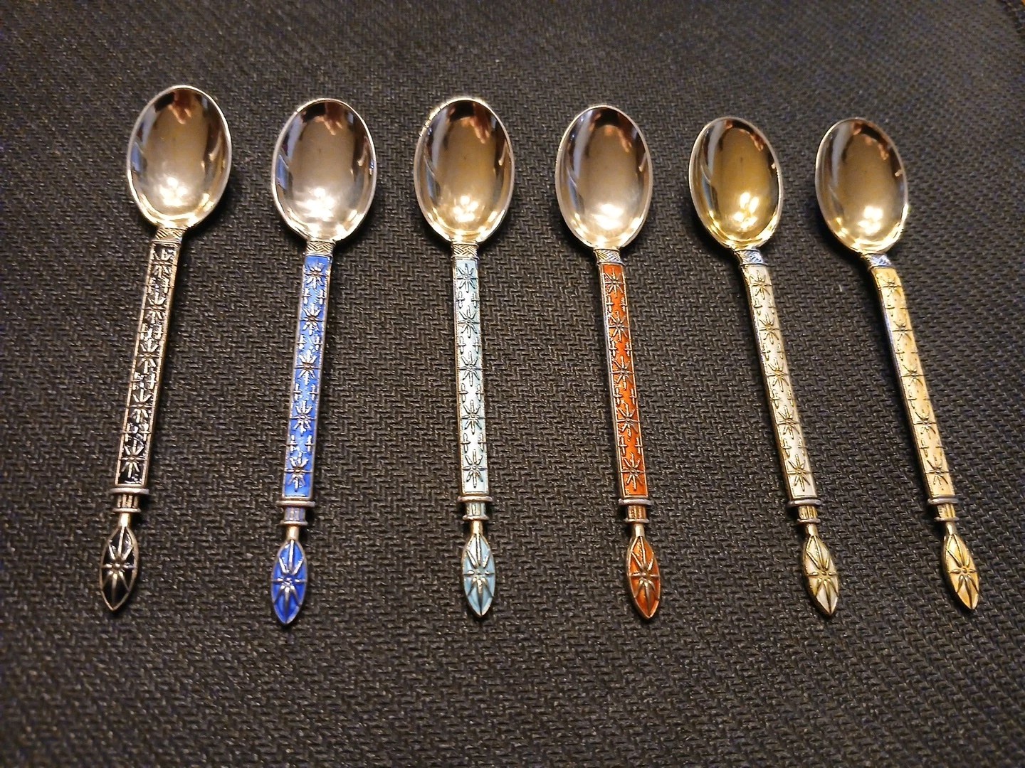 Set of 6 Sterling Silver (925S) Enamel Demitasse Spoons - Nice!
