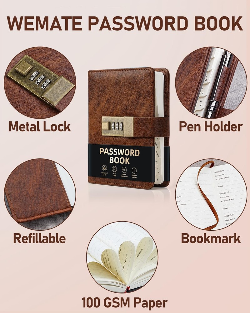 Wemate Password Book With Lock, Password Book With Alphabetical Tabs
