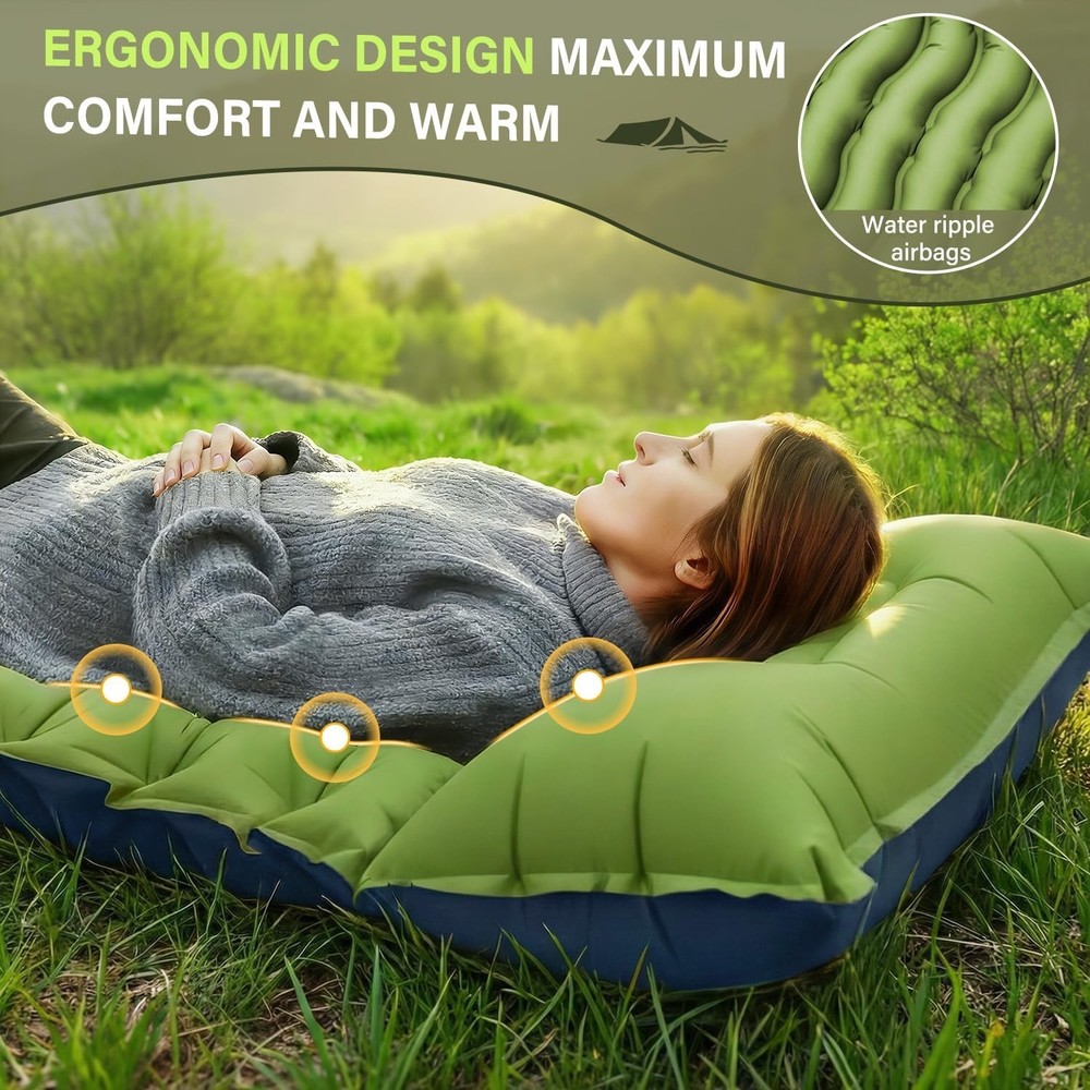 Compact Waterproof Camping Sleeping Pad with Integrated Pump - Single Size Green