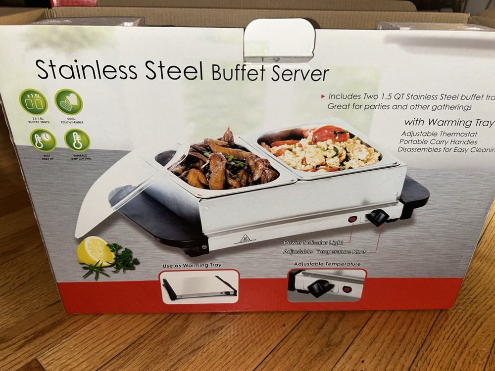 Stainless Steel Buffet Server Two 1.5 QT Trays Warming Tray & Adjustable Temp