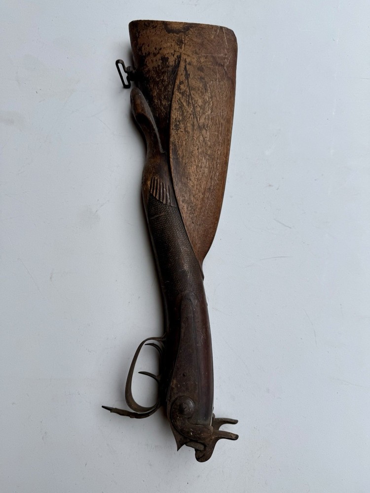 19thC Percussion Cap Muzzle Loading Double Barrel Carved Stock & Trigger PARTS