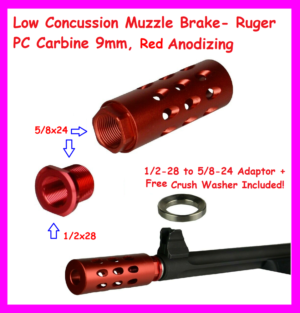 Low Concussion Muzzle Brake-Ruger PC Carbine 9 mm, Anodized Red + FREE Adapter