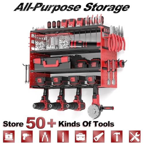 Power Tool Organizer Wall Mount, 4 Layers Tool Storage Rack 4 Drills Holder Red