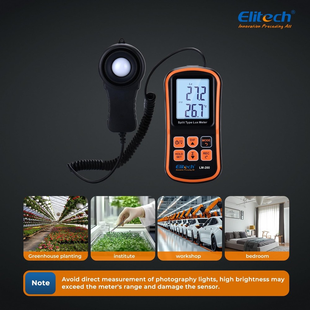 LM200 Digital Light Meter Handheld Illuminance Meter 200,000 Lux Range Temp