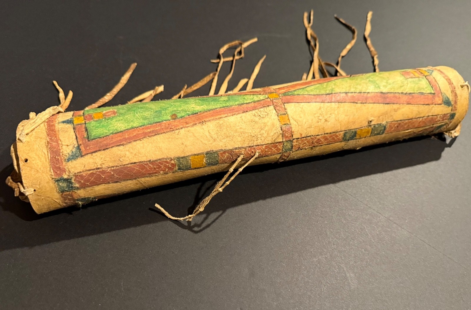 19TH C PLAINS PAINTED PARFLECHE CYLINDER CASE WITH FRINGE, EXCELLENT, NR!