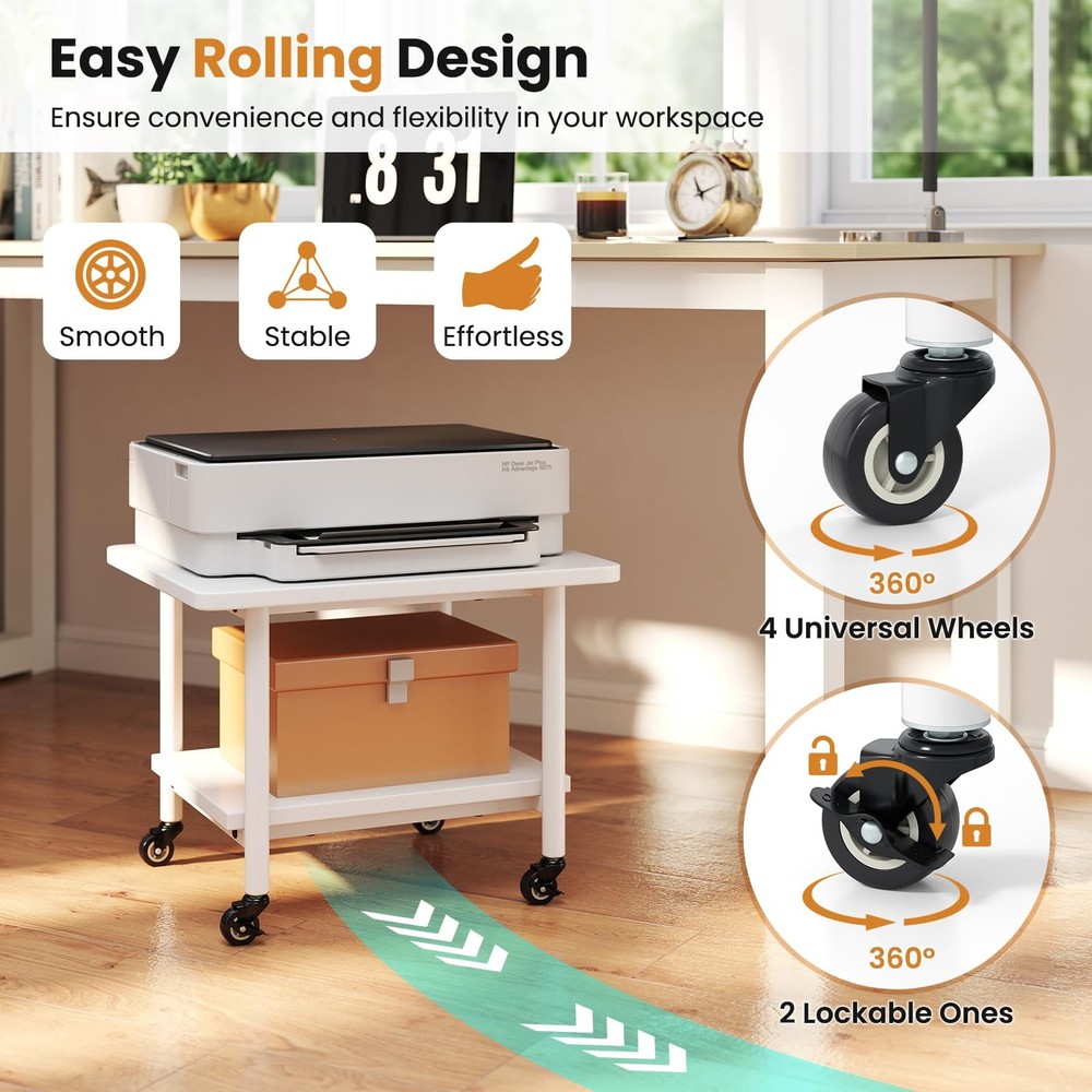 Under Desk Printer Stand, 2-Tier Mobile Printer Table with Storage Shelf, Loc...