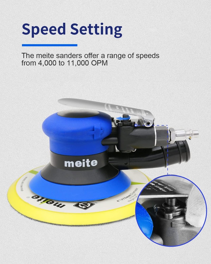 Meite 6" Random Orbital Air Sander - Variable Speed, Low Vibration, Dust Coll.