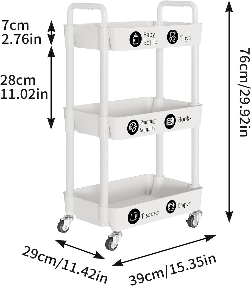3-Tier Rolling Cart with Wheels,Multifunction Utility Storage Carts