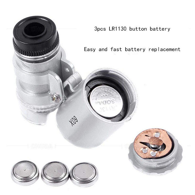 60X LED Mini UV Light Illuminated Pocket Microscope Loupe Magnifier document