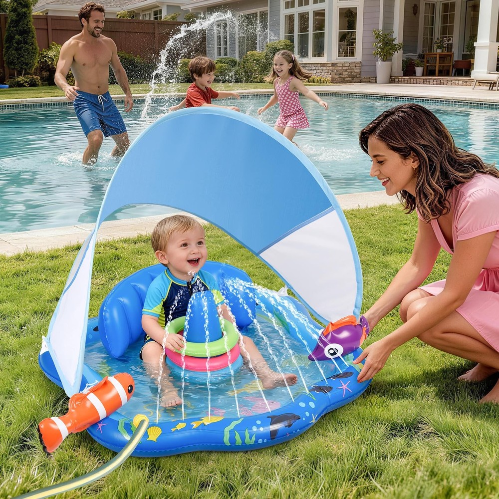 Baby Pool Float with Sprinkler, Inflatable Baby Splash Pad with Stackable Rin...