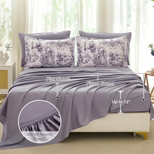 King Size Comforter Set 7 Pieces, Botanical Floral Bed King (90"x 104") Purple
