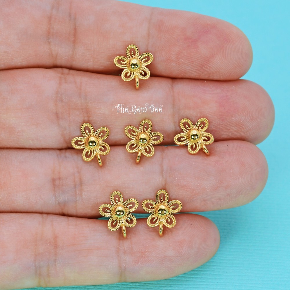 18k Solid Yellow Gold Filigree Fancy Flower Ear Posts With Backs PAIR