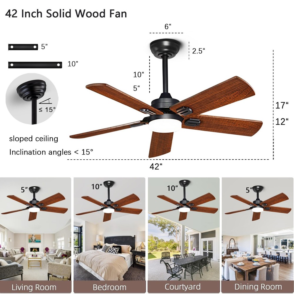 42" Lighted Ceiling Fan, Solid Wood Ceiling Fan, with Remote Control and DC M...