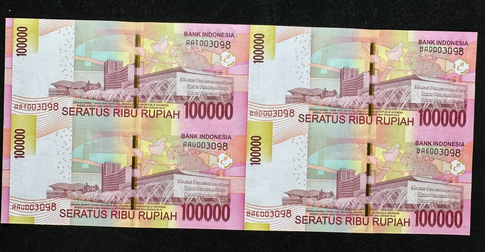 Indonesia 100000 Rupiah 2014 UNCUT notes 4x1 With Folder & Certificate