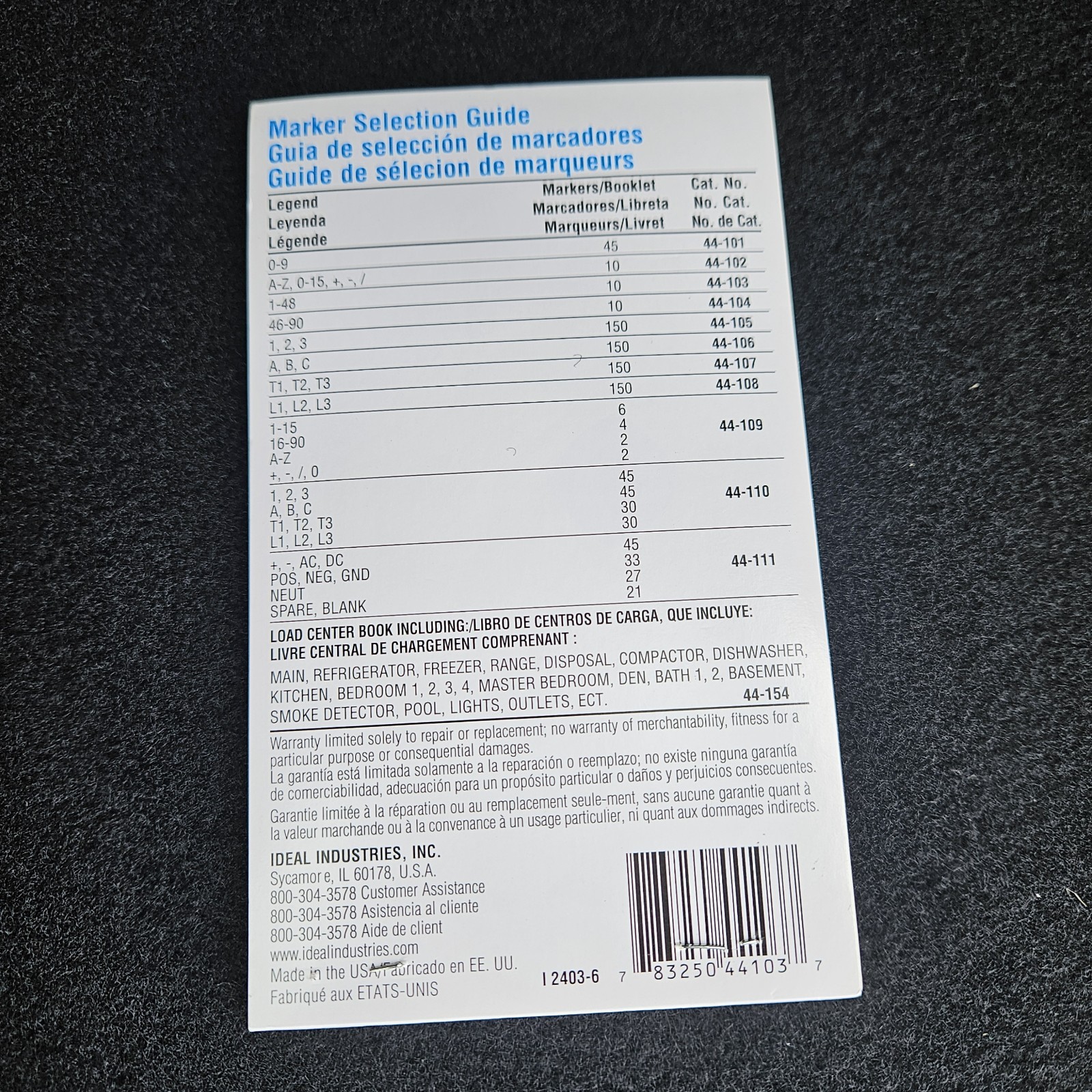 Wire Marker Booklet Ideal 44-103 Legend 1-45 Plus 46,47,48