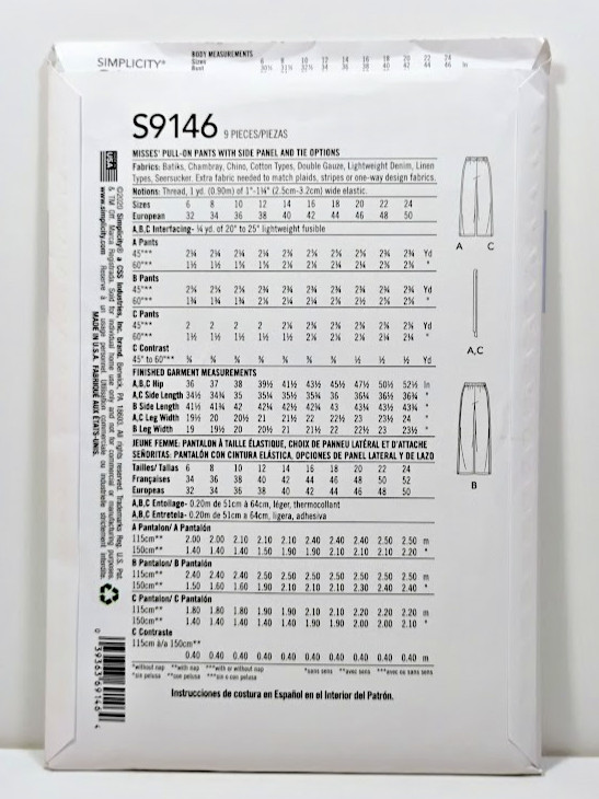 Simplicity S9146 U5 Sewing Pattern Pull-On Pants Misses' Size 16-24 B58