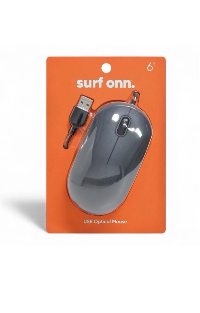 Surf ONN Optical Mouse Wired USB Scroll Wheel 3 Button Grey 6' Plug and Play