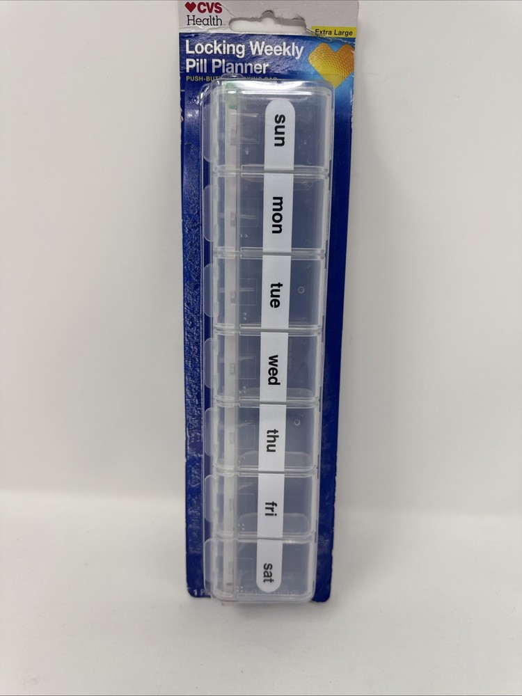 Locking Weekly Pill Planner, (Ex Large) Push Button Locking Bar