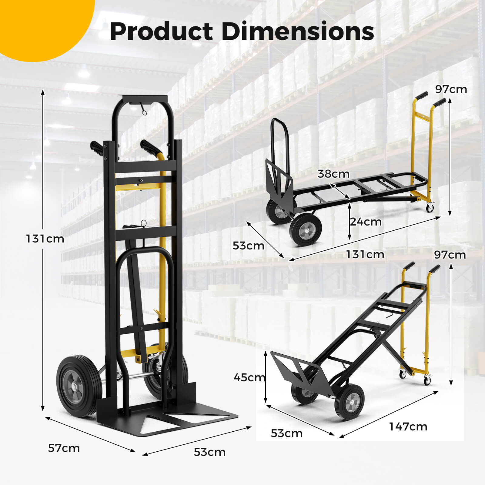 3-in-1 Convertible Hand Truck with 4 Rubber Wheels 1000 lbs Max Load Capacity