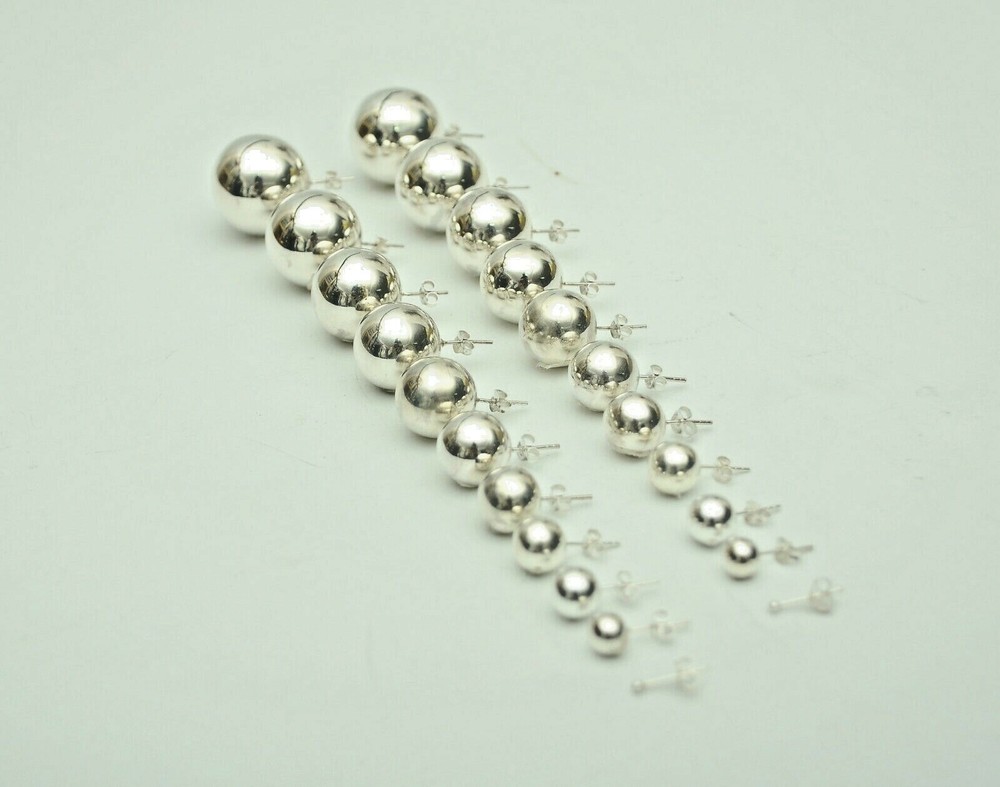 Sterling Silver 925 High Polished Round Ball Bead Stud Earring Pair with backs