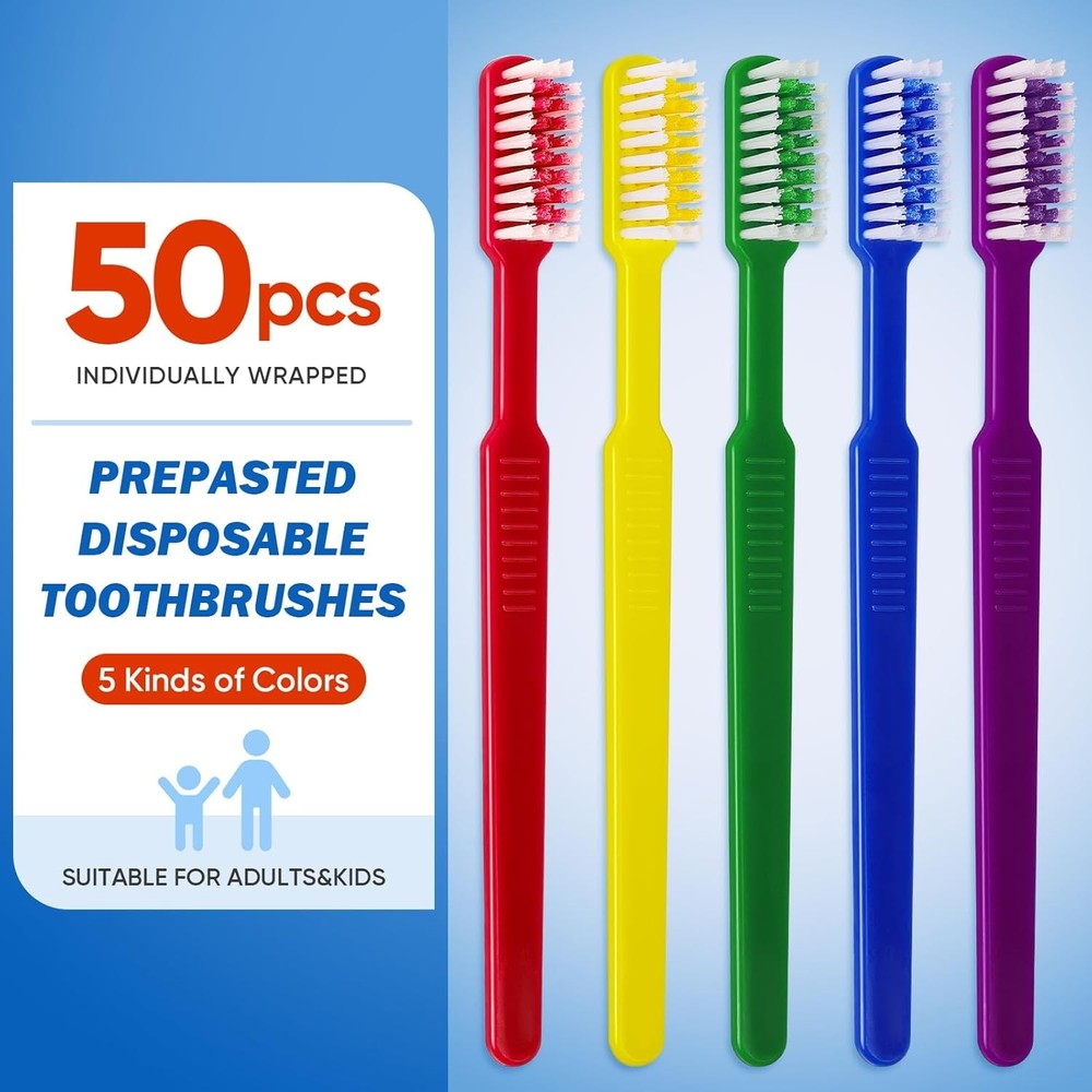 50 PCS Prepasted Disposable Toothbrushes with Toothpaste, Premium Bulk Toothbrus