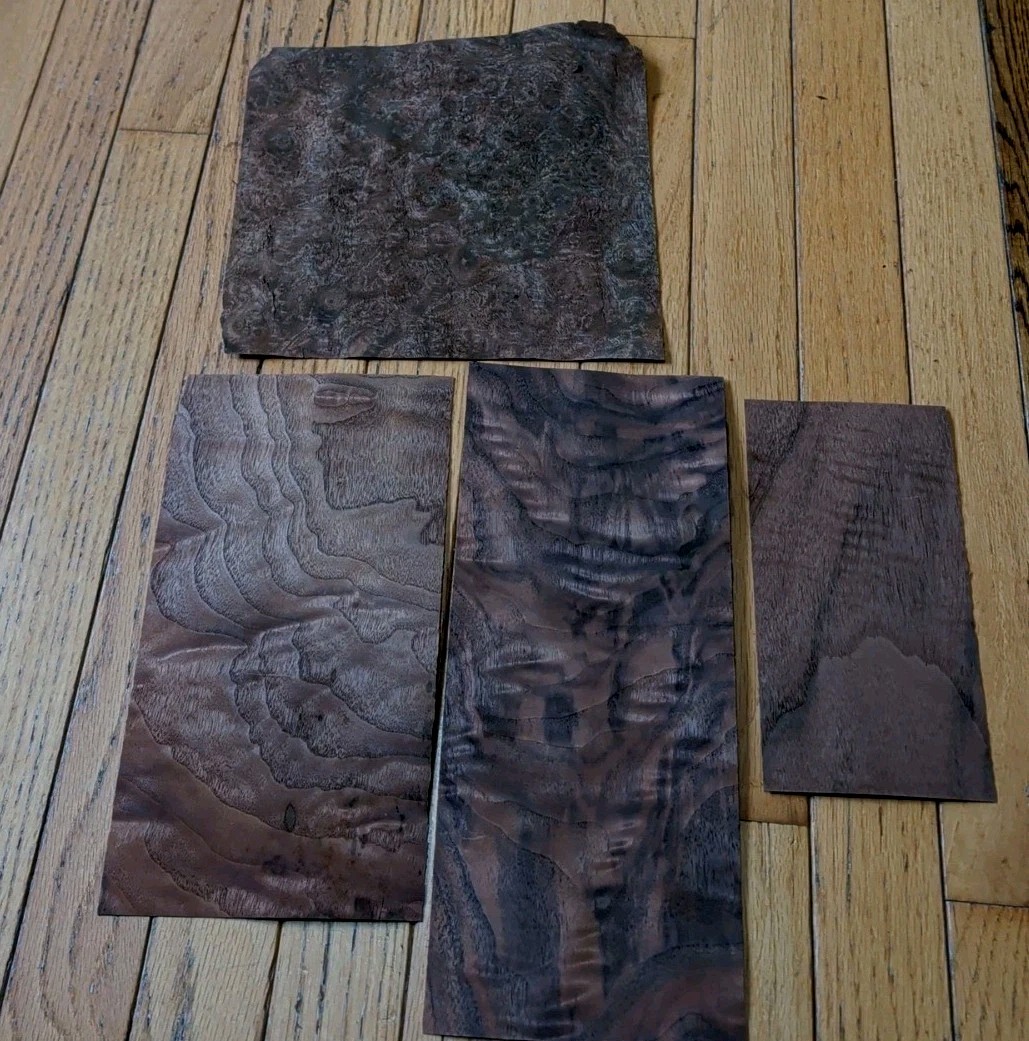 Walnut burl veneer 9 1/2" x 8 1/4" wood 1/42 raw +3 more pieces cracks buckled