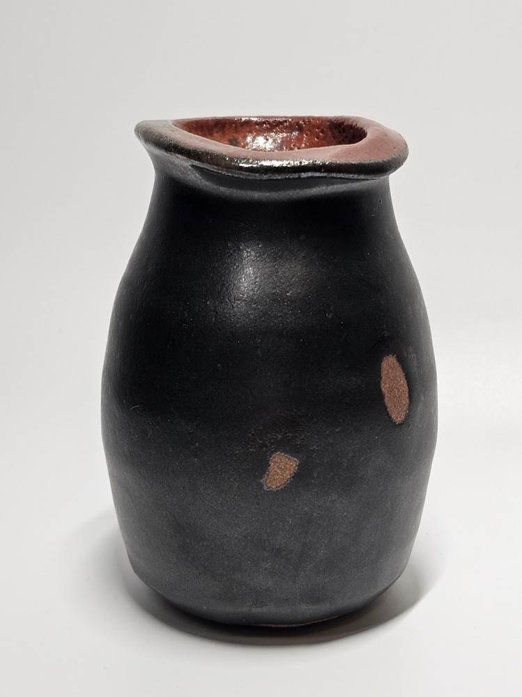 Black Ceramic Vase Brown Inside Glazed Inside & Top Signed About 4.5" High