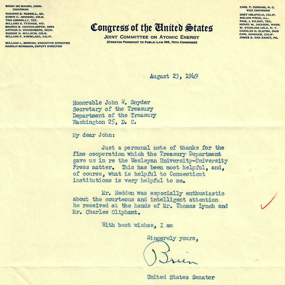 "Connecticut Senator" Brien McMahon Hand Signed TLS Dated 1949